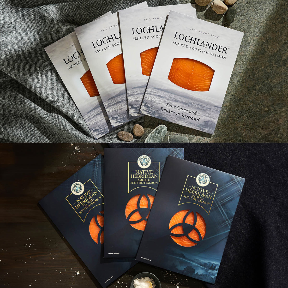 Lochlander and Native Hebridean smoked salmon packages on a textured surface.